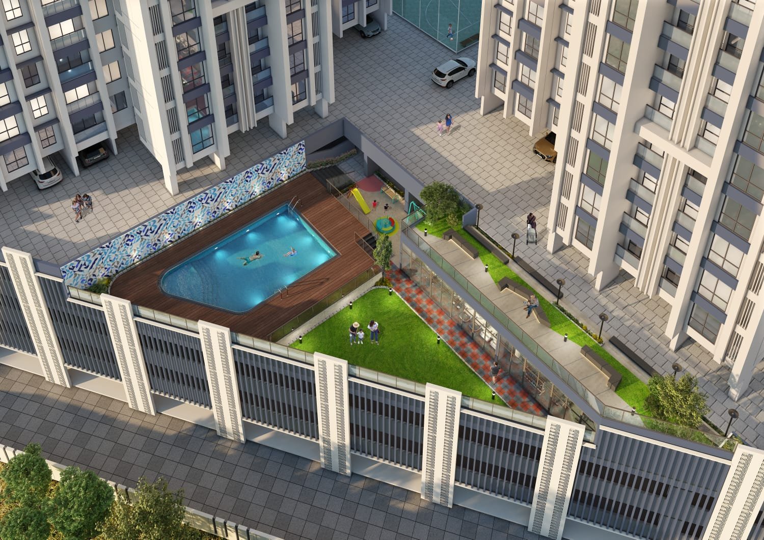 Refreshing swimming pool and landscaped podium at Codename Elements