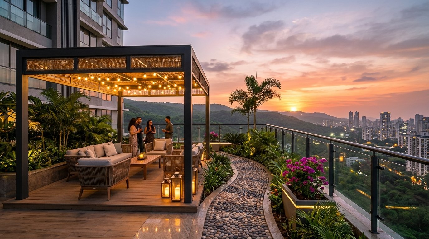 Rooftop sky deck with open pergola, reflexology path and panoramic hill views at Codename Elements